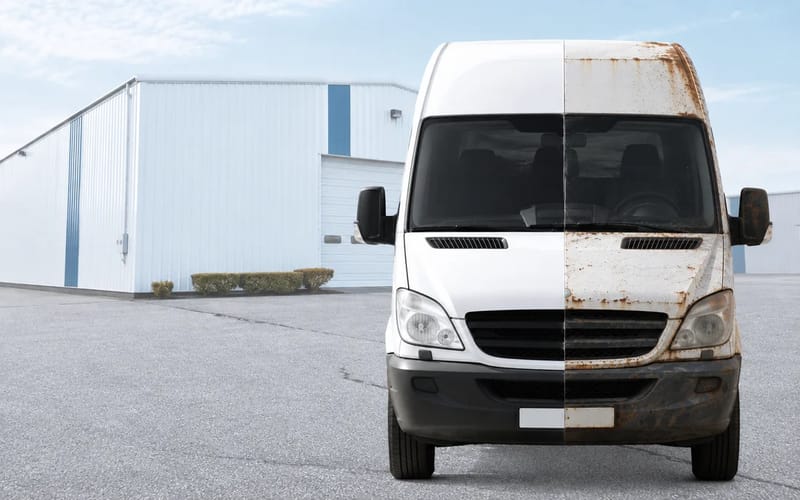 A panel van shown half worn out and half in new condition, on the forecourt of a business unit